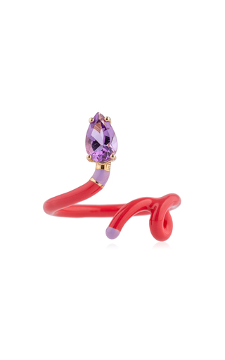 9K Yellow Gold Baby Vine Head-to-Toe Ring with Red & Lavender Enamel