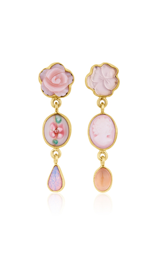 18k Fairmined Yellow Gold Plate Three Charm Moving Drop Earrings with Pink Calcedony